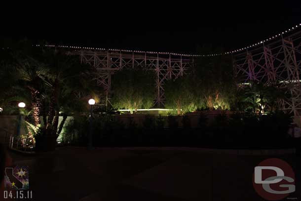 The new park at night.  Notice the neon in the background stayed.  Also it was nice and quiet since Screamin was closed for World of Color already.