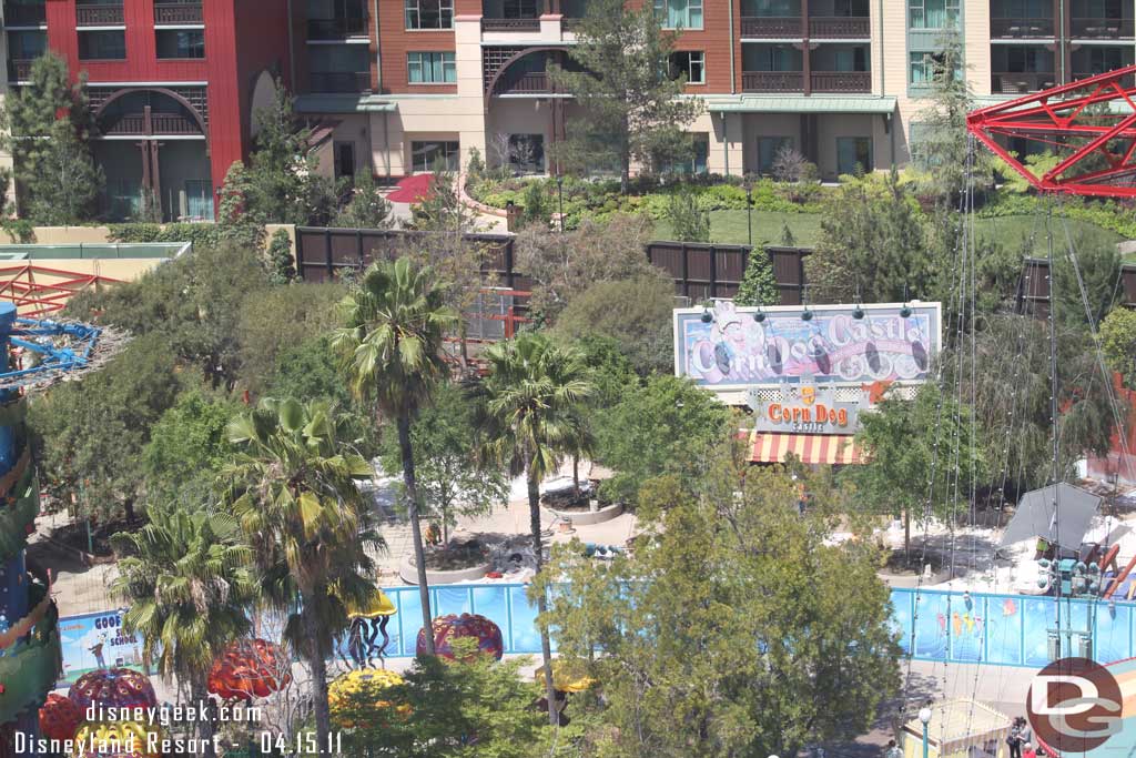 Trees in the planters around the Corn Dog Castle. Still no visible work on the shack itself.