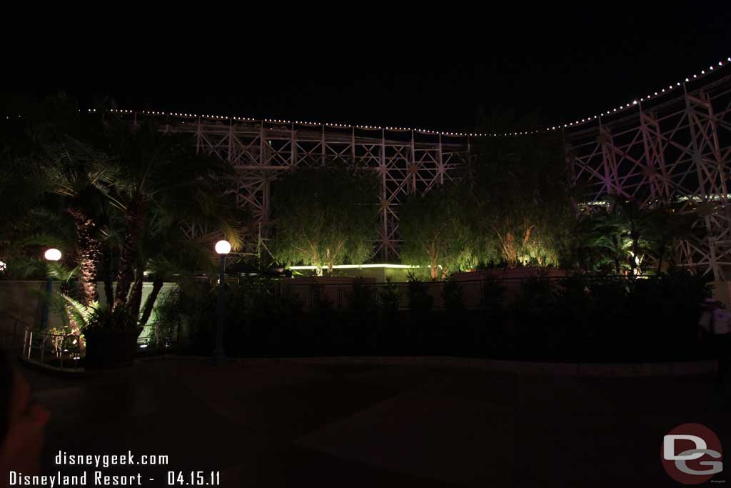 The new park at night.  Notice the neon in the background stayed.  Also it was nice and quiet since Screamin was closed for World of Color already.