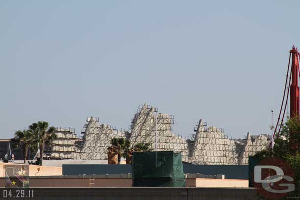 Cars Land from the train while waiting at Main Street Station.  Also you can see the tops of the new DCA entrance.