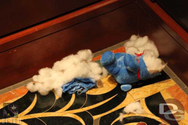 Seems like some sort of accident happened with this stuffed creature at the Grand Californian.  Not sure what it was but some really did a number to it.