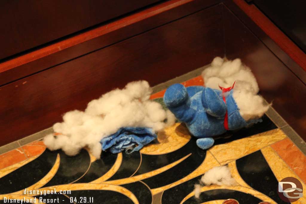 Seems like some sort of accident happened with this stuffed creature at the Grand Californian.  Not sure what it was but some really did a number to it.