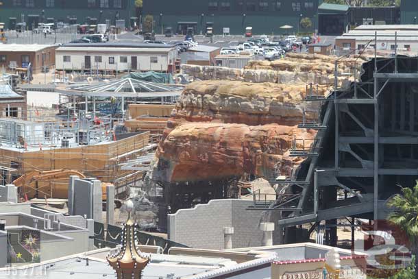 Walls up around the backstage gate and transition from the Wharf to Cars Land.