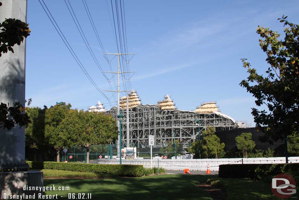 A look at the range walking down Harbor Blvd.  Note the two large trucks in the bottom of the shot, delivering large pieces for Cars Land (looked to be for ventilation or A/C).