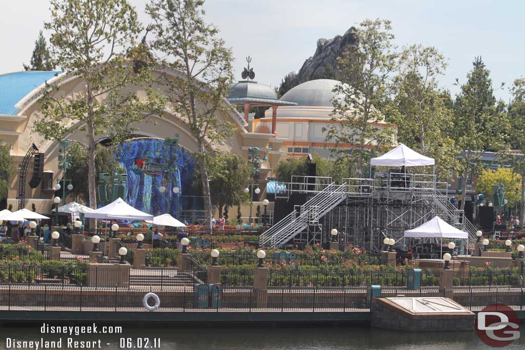 Now some Fun Wheel shots.  Here you can see the riser and some of the stage for the Mermaid opening later today.