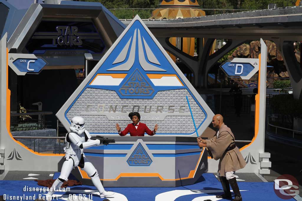 In case you did not watch the webcast or my video the gist is there is only one seat left on the next Star Tours flight so a battle ensues.