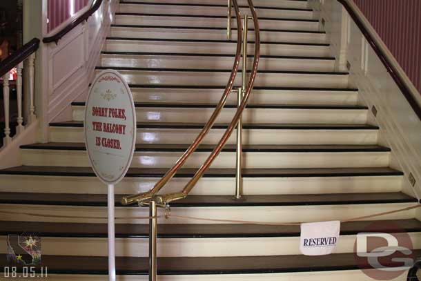 The balcony is still closed.  I overhead a couple of CMs and I guess the issue is with the railings.  They are too low/short by some new set of safety rules.  This makes has some credibility given the changes at Aladdin (the first few rows of the upper levels are now off limits) and the fact that nothing seems to be happening up there.