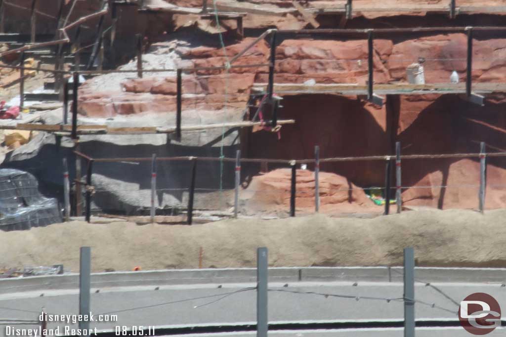 A closer look at where the rock work comes up to the ride track.