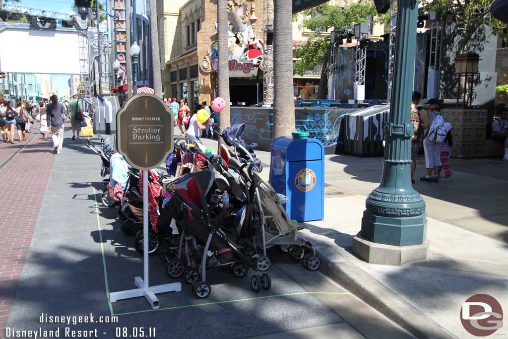 The stroller parking is out in the street now.