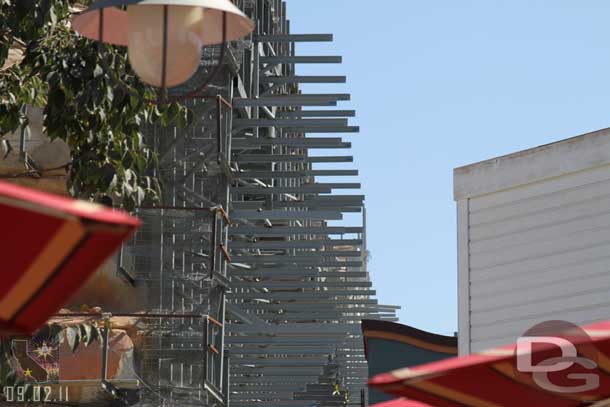 Hard to tell if any progress on the backside of the rock wall has been made, but there are definitely a lot of toothpicks sticking out now all the way along and around the parade building.