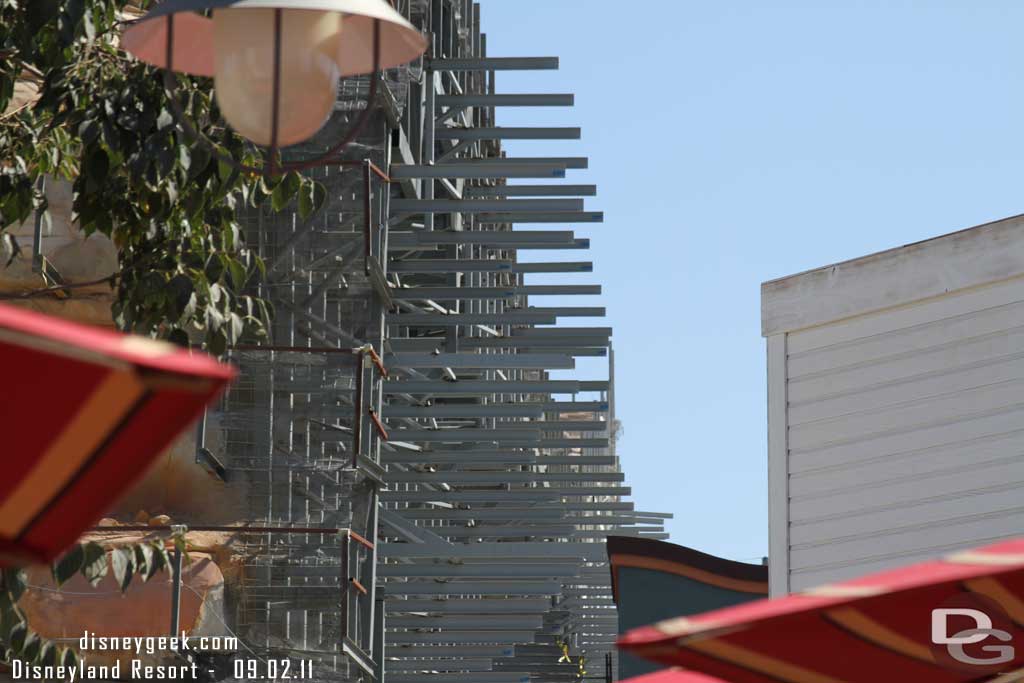 Hard to tell if any progress on the backside of the rock wall has been made, but there are definitely a lot of toothpicks sticking out now all the way along and around the parade building.