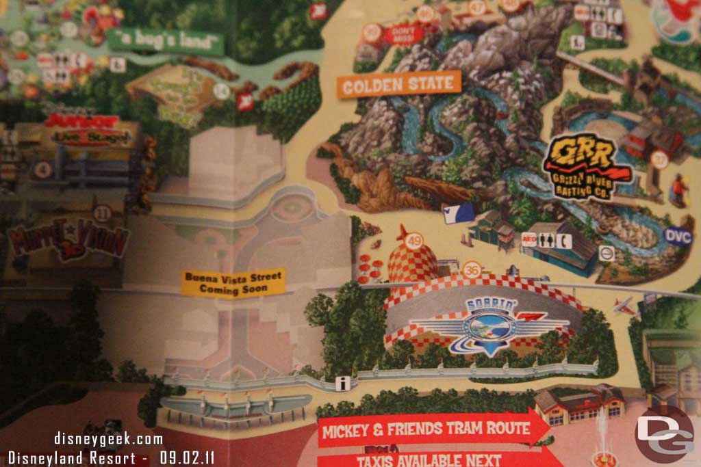 To close with a shot of the park map which shows the new entrance way.  Also a shadowed outline of Buena Vista Street.