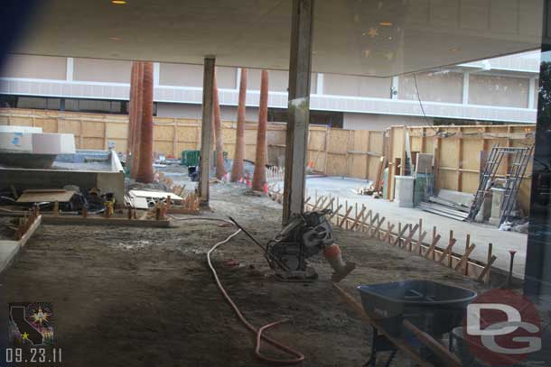 Looking at the area between the lobby and convention center you can see they are pouring concrete and getting it ready.  It will be open in a week with the fountains following after that according to someone I spoke to.