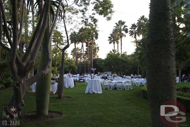 Setting up for a large reception in the lawn area at the Disneyland Hotel.