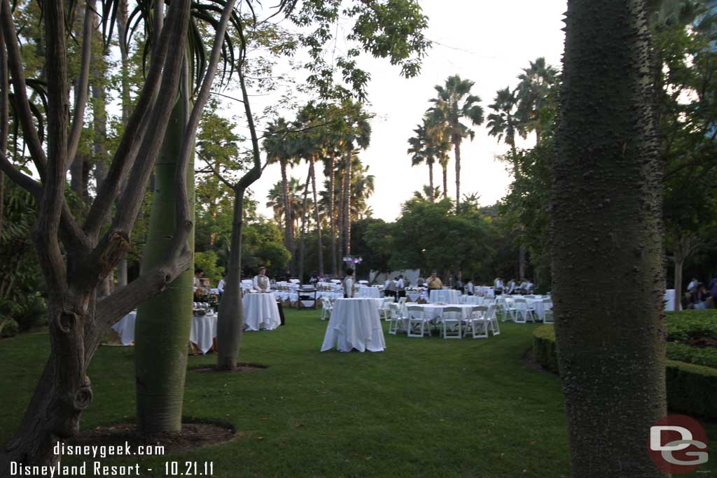 Setting up for a large reception in the lawn area at the Disneyland Hotel.