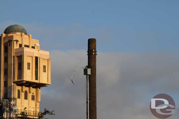 A closer shot reveals they have run the electrical conduit and wires so the permanent ones must be going up soon.