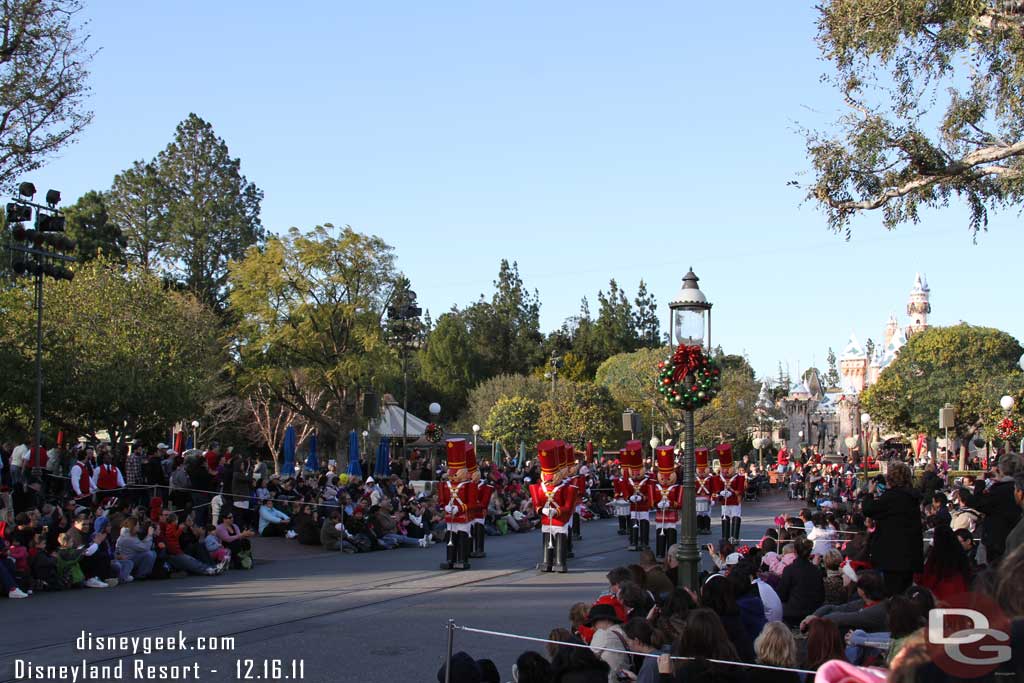 Arrived on Main Street as the Christmas Fantasy Parade was making its way down the street.  Noticed the lead unit that features Duffy was not there.  I liked the Toy Soldiers leading the way!