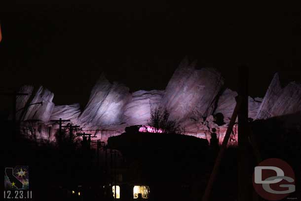 Cars Land appeared to have some show lighting tests going on.  The lighting was not the usual bright white work lights.