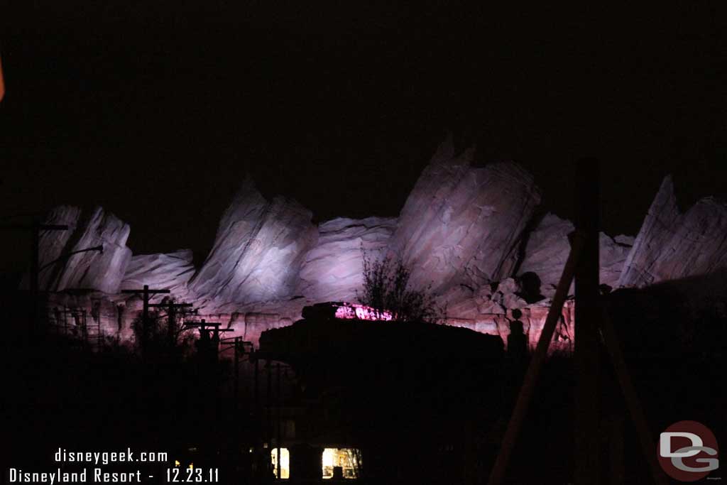 Cars Land appeared to have some show lighting tests going on.  The lighting was not the usual bright white work lights.