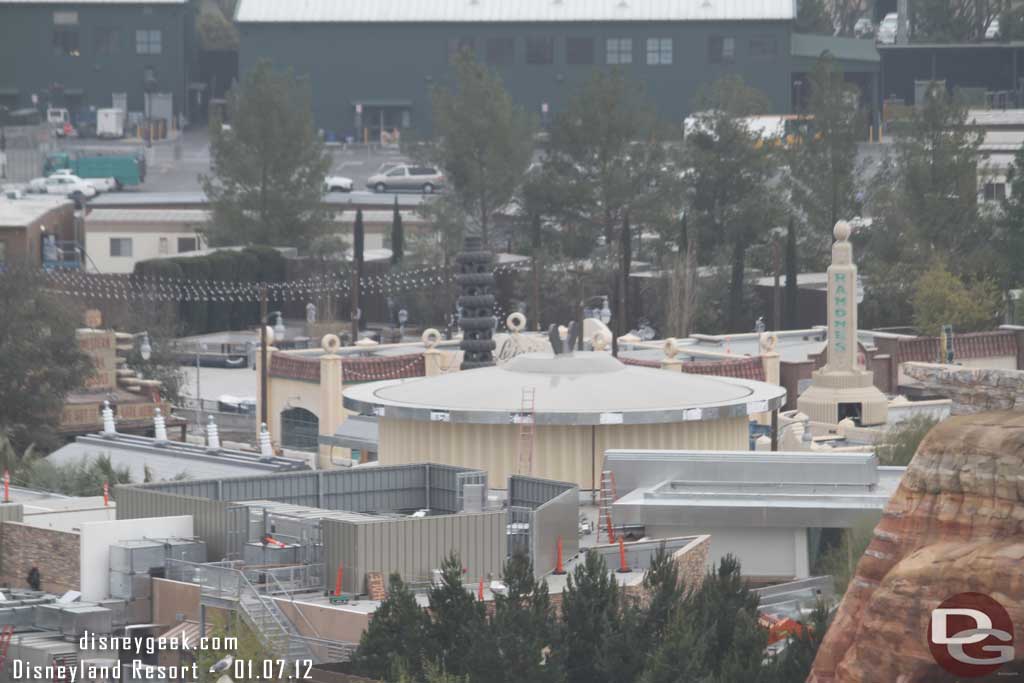 A closer look over toward the tires.  Looks like the lights are strung now above the attraction as well as to the tire tower.