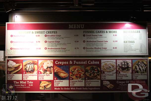 Out at Downtown Disney notices this large menu now on the crepe cart.