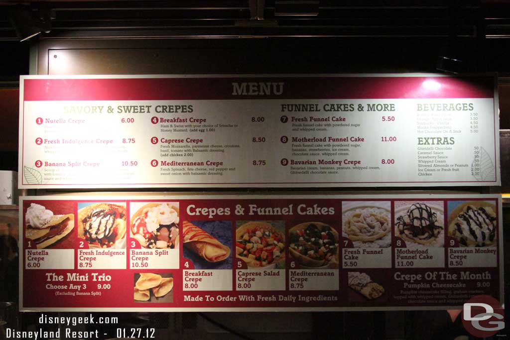 Out at Downtown Disney notices this large menu now on the crepe cart.