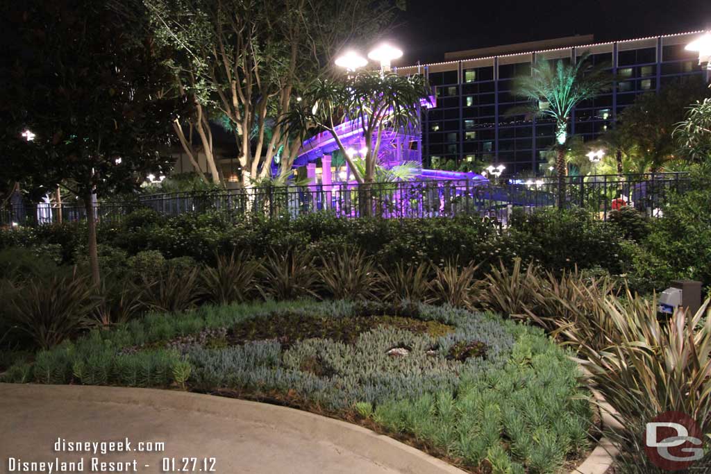 Mickey in the planter outside the Frontier Tower.