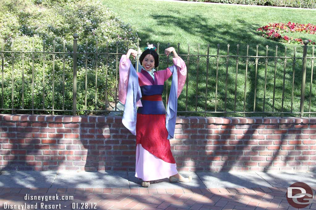 Mulan out for pictures as you enter Disneyland.