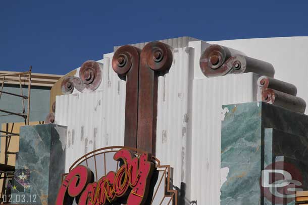 A look at the candy store sign, the scaffolding was removed.  Looks like it has been aged or just primed??