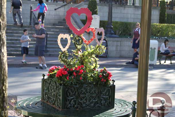 Valentines day decorations up around Town Square.