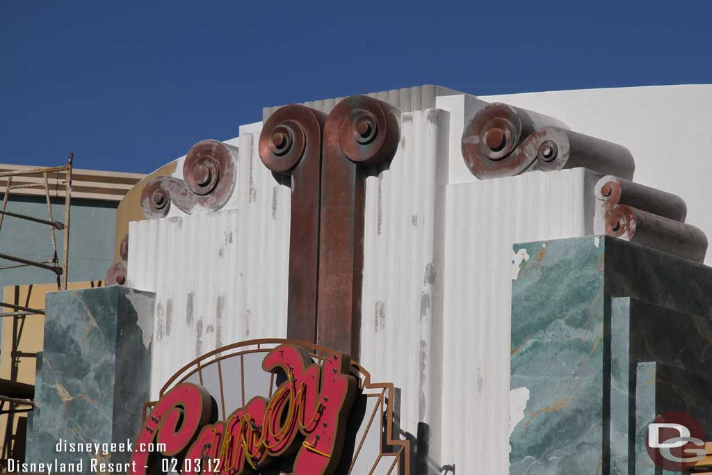 A look at the candy store sign, the scaffolding was removed.  Looks like it has been aged or just primed??