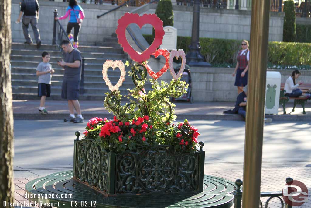 Valentines day decorations up around Town Square.