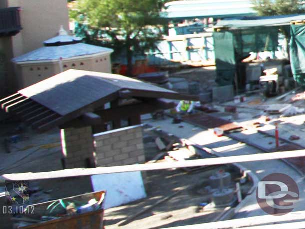 A closer look off to the left at the Red Car stop.  They have started the brick work for the rails.