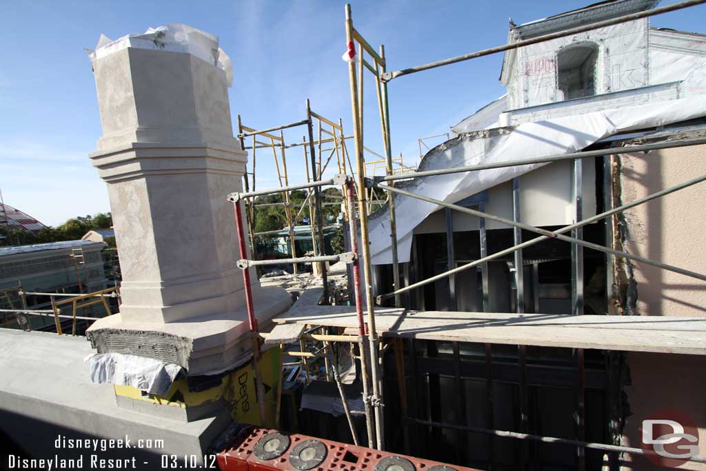 A look at Buena Vista Street from the Monorail.  In the bottom right you can see they have not covered all the old bridge yet.