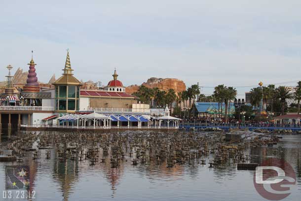 Testing the World of Color fountains as they prepare for the show this evening.