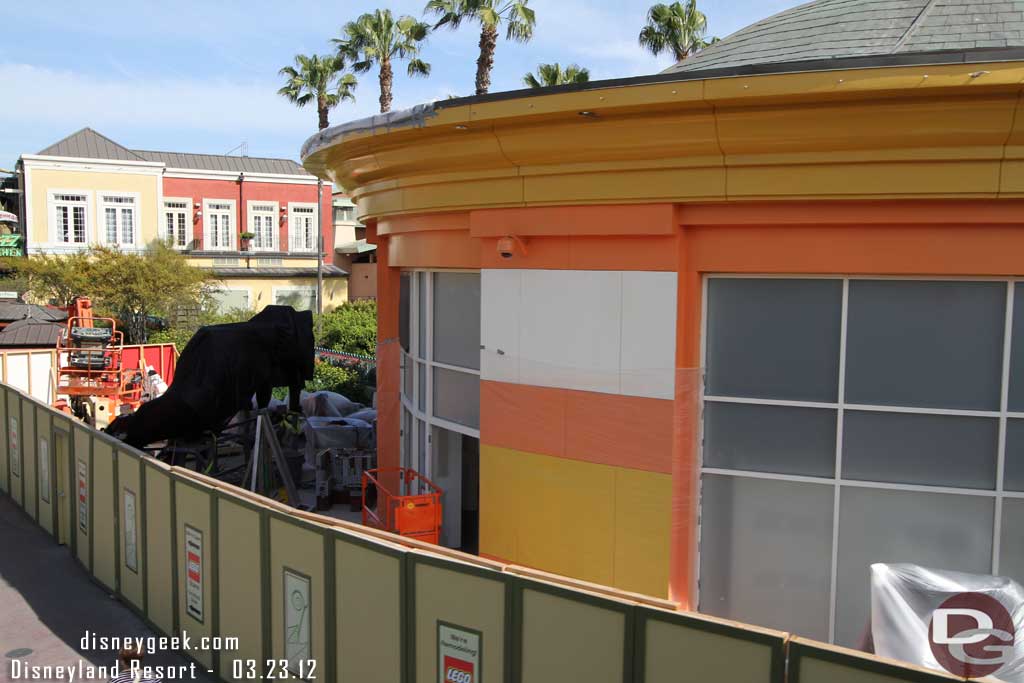 The Lego store work is moving along.  There were several models under wraps out front.