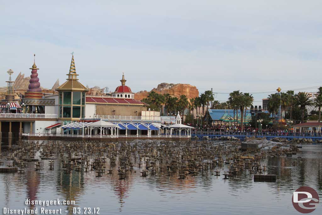 Testing the World of Color fountains as they prepare for the show this evening.