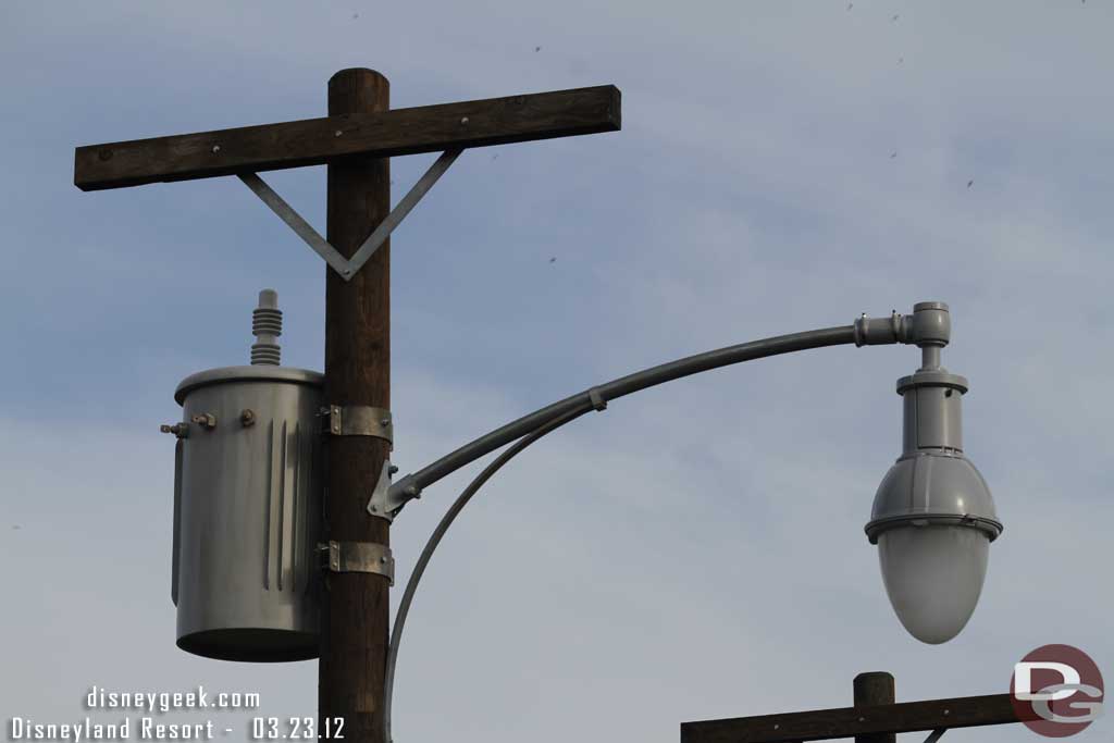 A closer look at the electrical poles.  Transformers are now installed.