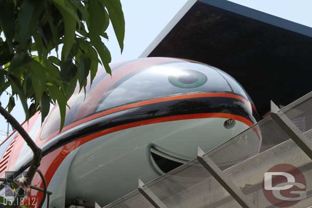 Next up the Monorail.  They have been taken over to promote Cars Land.  So each has a name and personality now.   Here is Mona Monorail in the Tomorrowland Station.