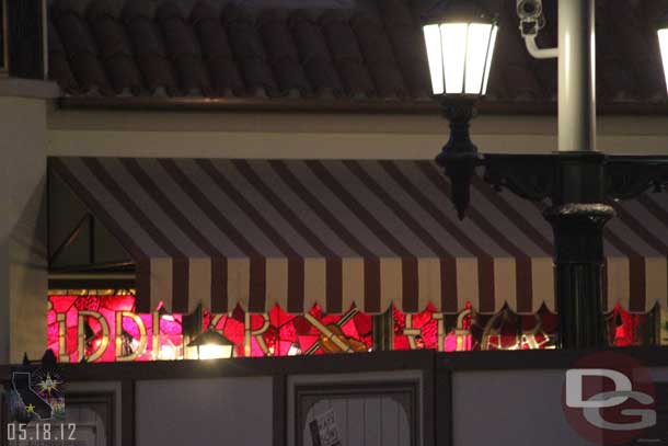 The lights in the cafe were on this evening and you could see the stain glass window.