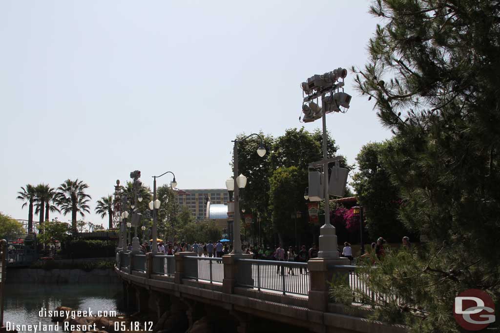 The speakers and lights are back along the parade route.