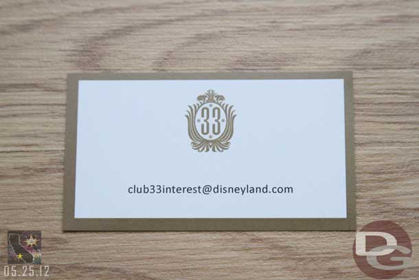 They were answering questions as well as handing out cards with some info on the Carthay.  I found this really odd that they were providing info on Club 33.  Guess Disney has decided to make a marketing push for the club.