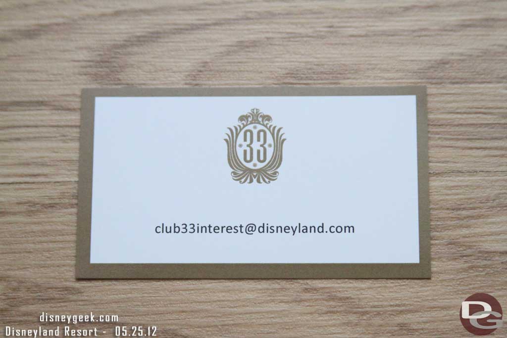 They were answering questions as well as handing out cards with some info on the Carthay.  I found this really odd that they were providing info on Club 33.  Guess Disney has decided to make a marketing push for the club.