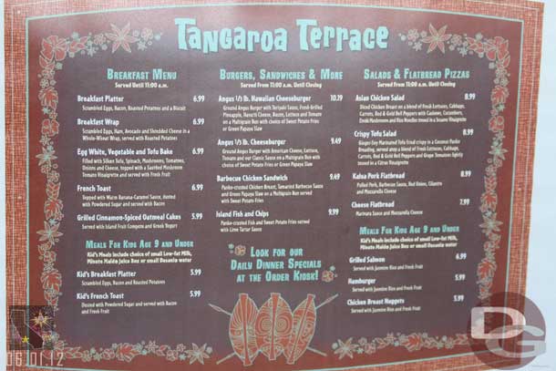 The current Tangaroa Terrace menu.