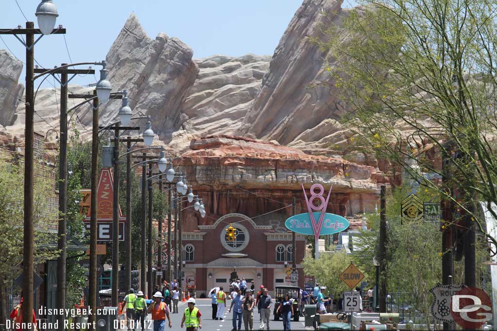 Cars Land is alive with activity today.  Plenty of cast members and workers moving around.