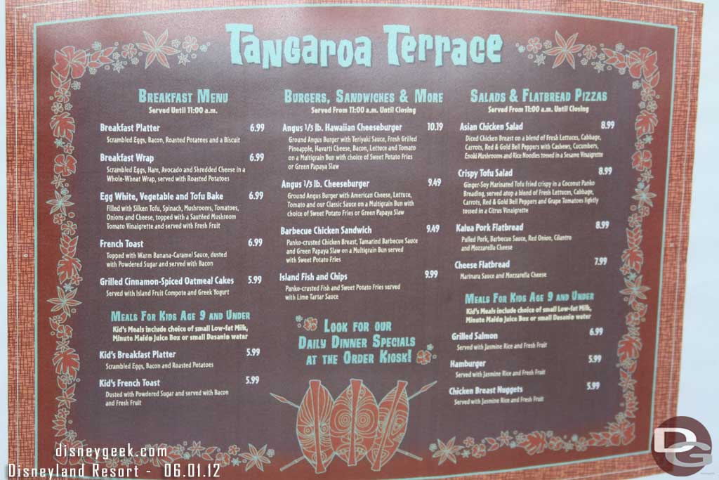 The current Tangaroa Terrace menu.