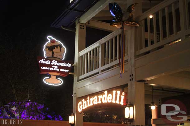 The Ghirardelli sign at night.