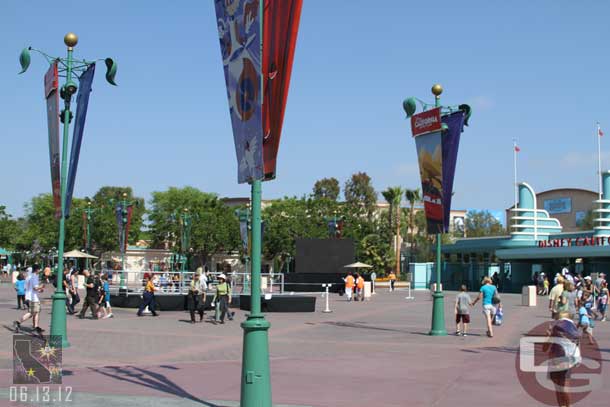 A platform and screen set up out front of DCA.