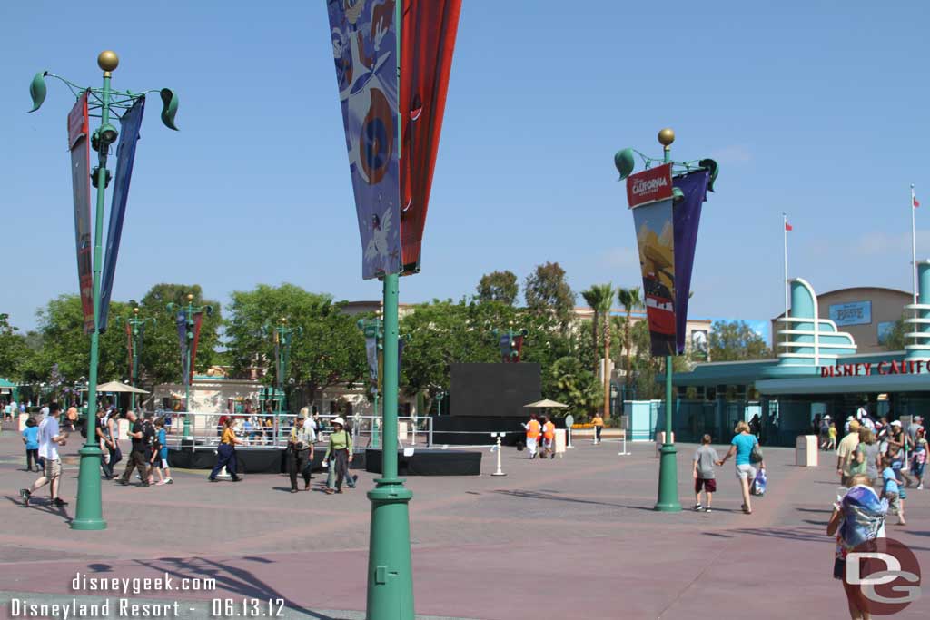 A platform and screen set up out front of DCA.