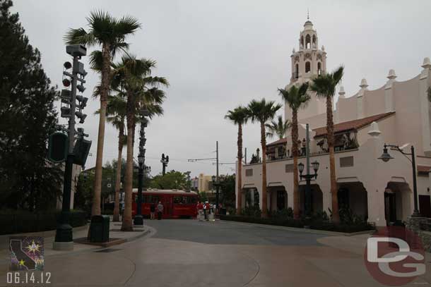 Heading toward Buena Vista Street.  A Red Car Trolley was making its way through Carthay Circle.